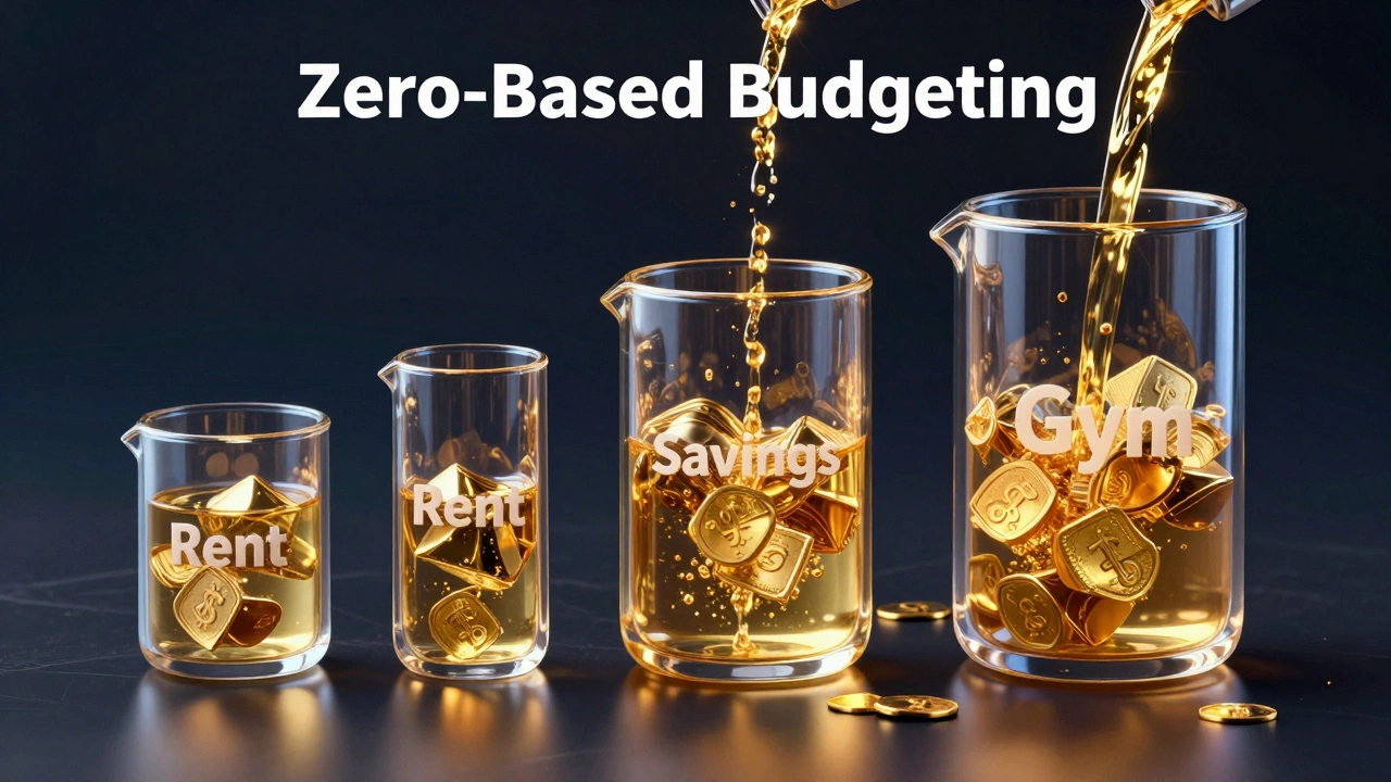 Glowing glass containers being filled with golden liquid to represent a zero-based budget.
