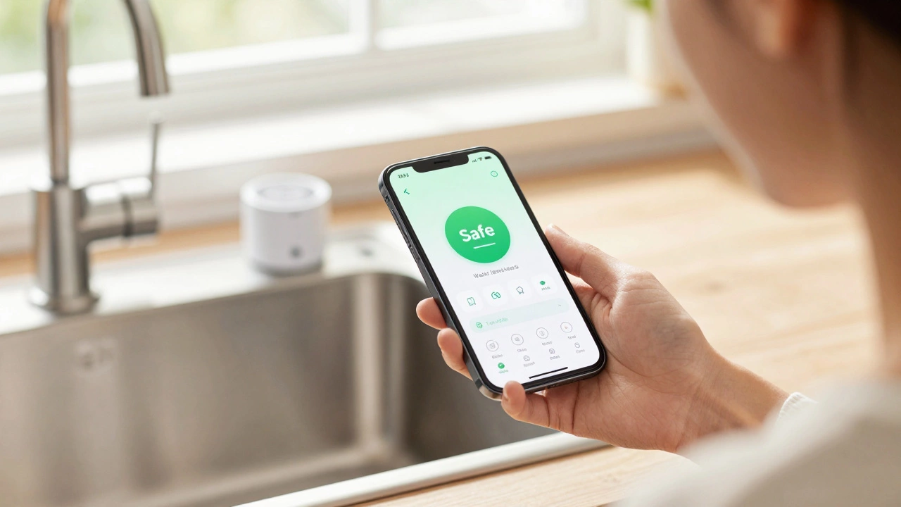 Hand holding a smartphone showing a smart home water leak sensor alert.