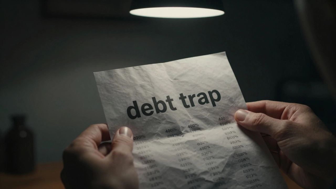 Hands holding a document with high interest rates in a dark room