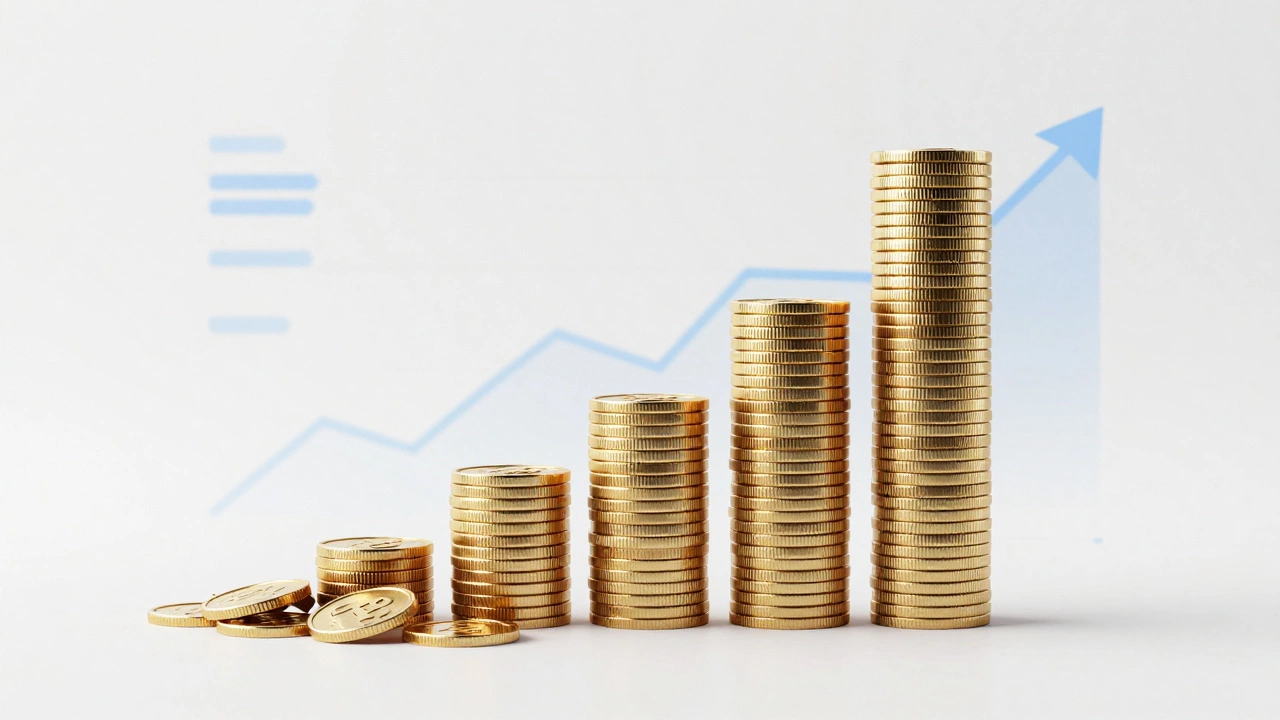 3D illustration showing a small pile of coins growing into a large mountain, symbolizing compound interest.