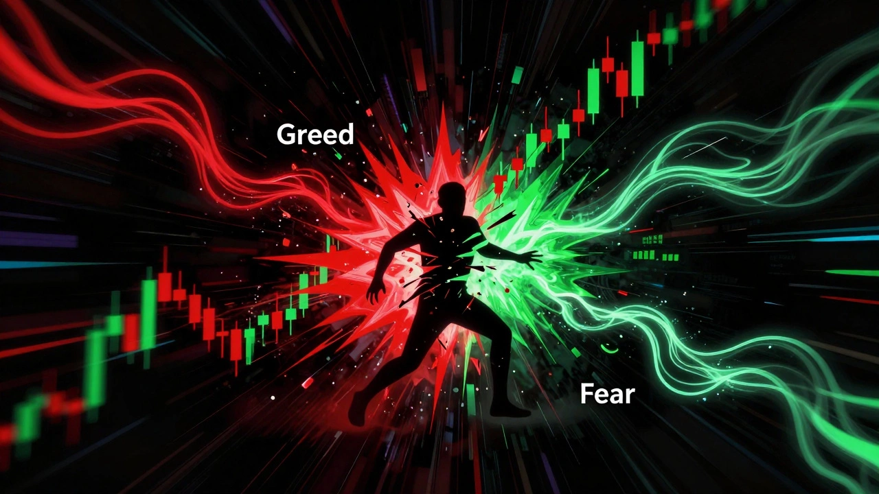 Abstract art of greed and fear pulling an investor amidst volatile charts