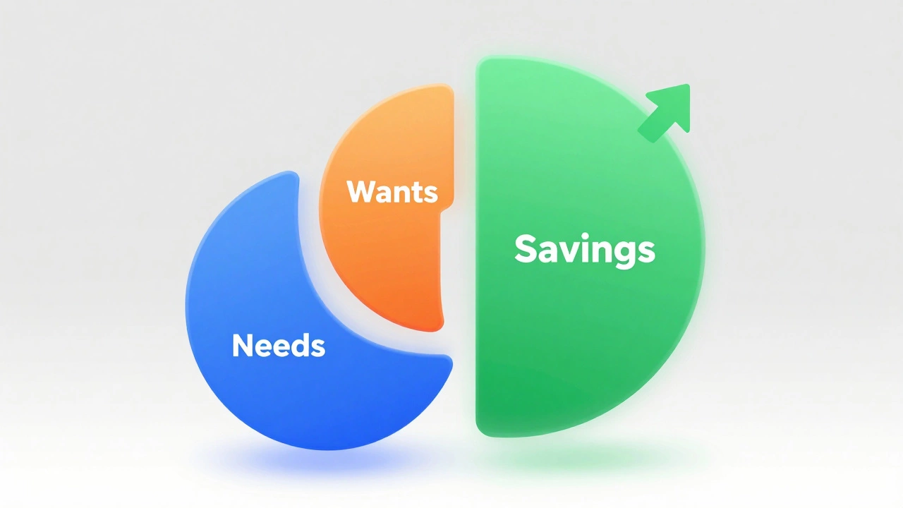 Abstract geometric circles in blue, orange, and green representing budget categories