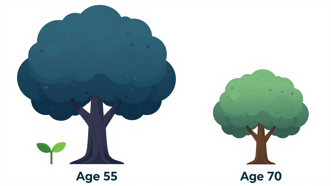 Abstract illustration comparing debt growth trees starting at different ages