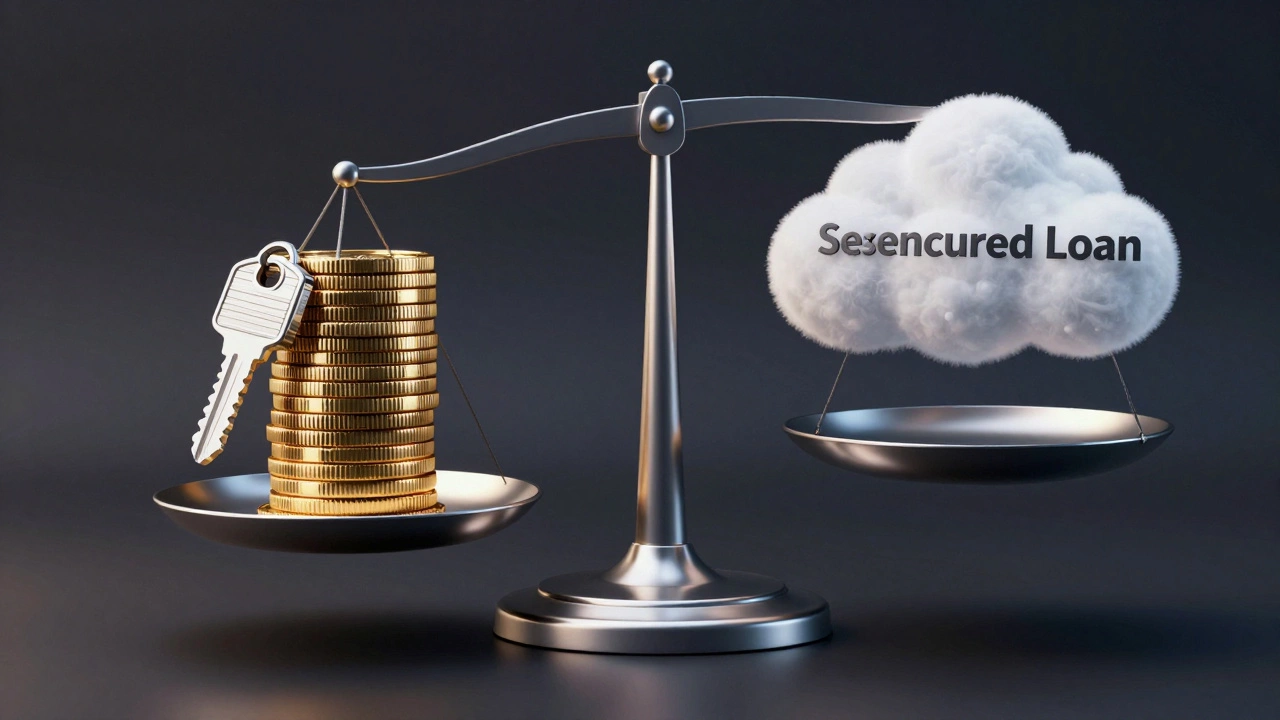 Balance scale weighing secured vs unsecured loan risks