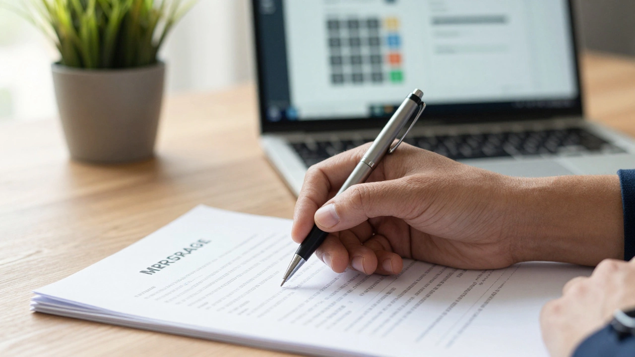 Close up of hands signing mortgage documents on a wooden desk