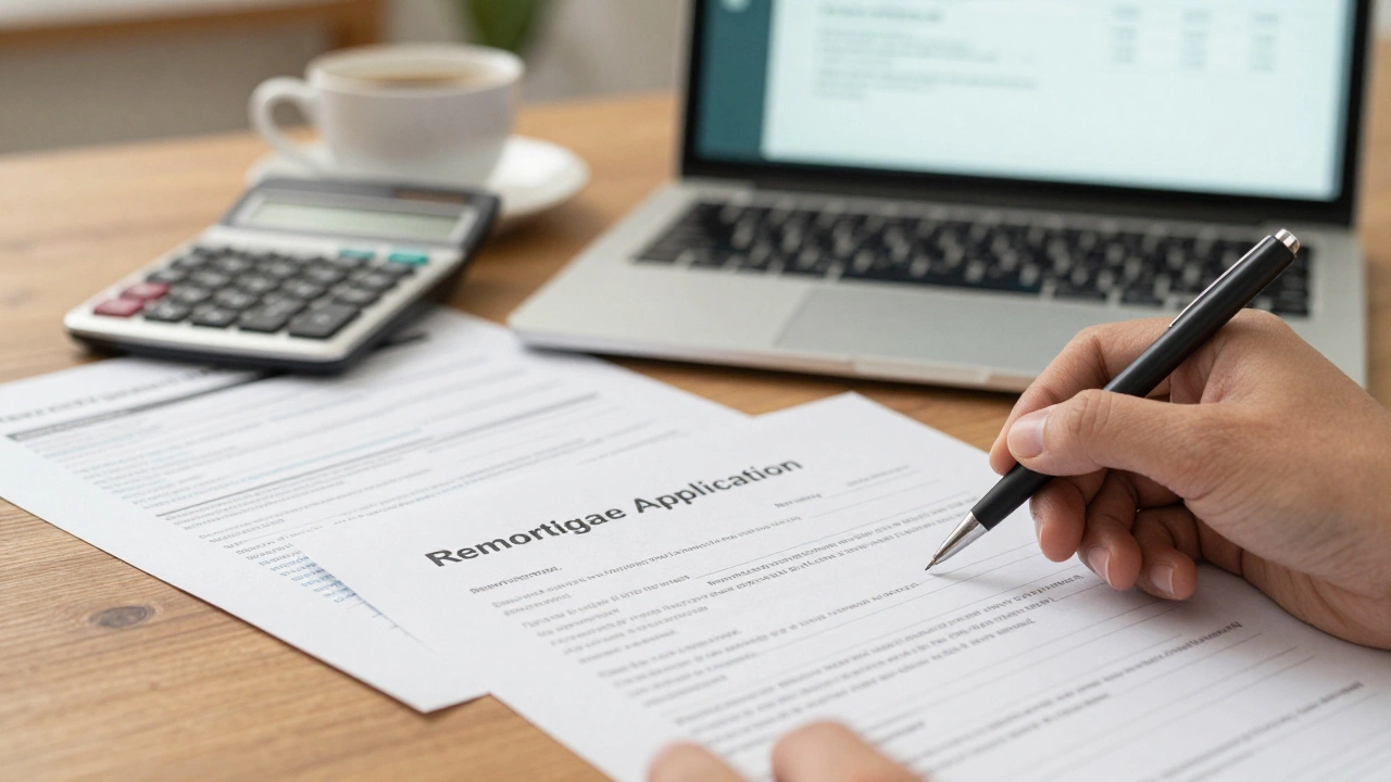 Close-up of remortgage documents and calculator on a wooden desk