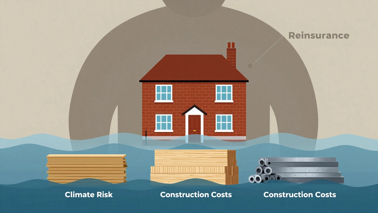 Conceptual art showing house risks: climate, construction, reinsurance