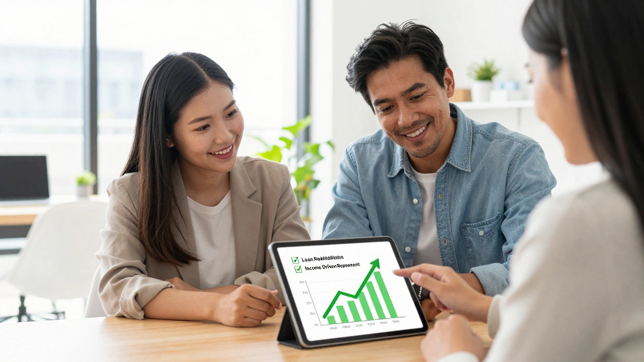 Couple meeting with financial advisor to discuss loan rehabilitation and repayment plans