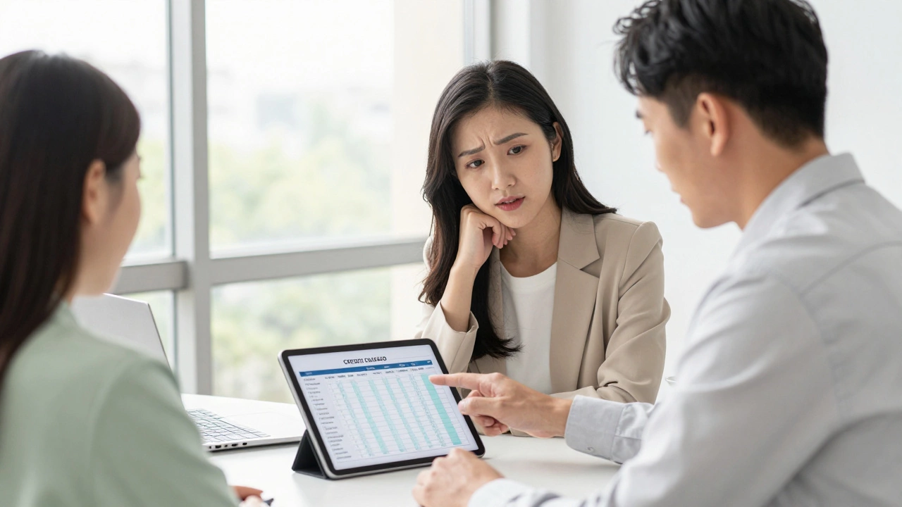 Credit counselor helping a client review a budget plan in a bright, trustworthy office