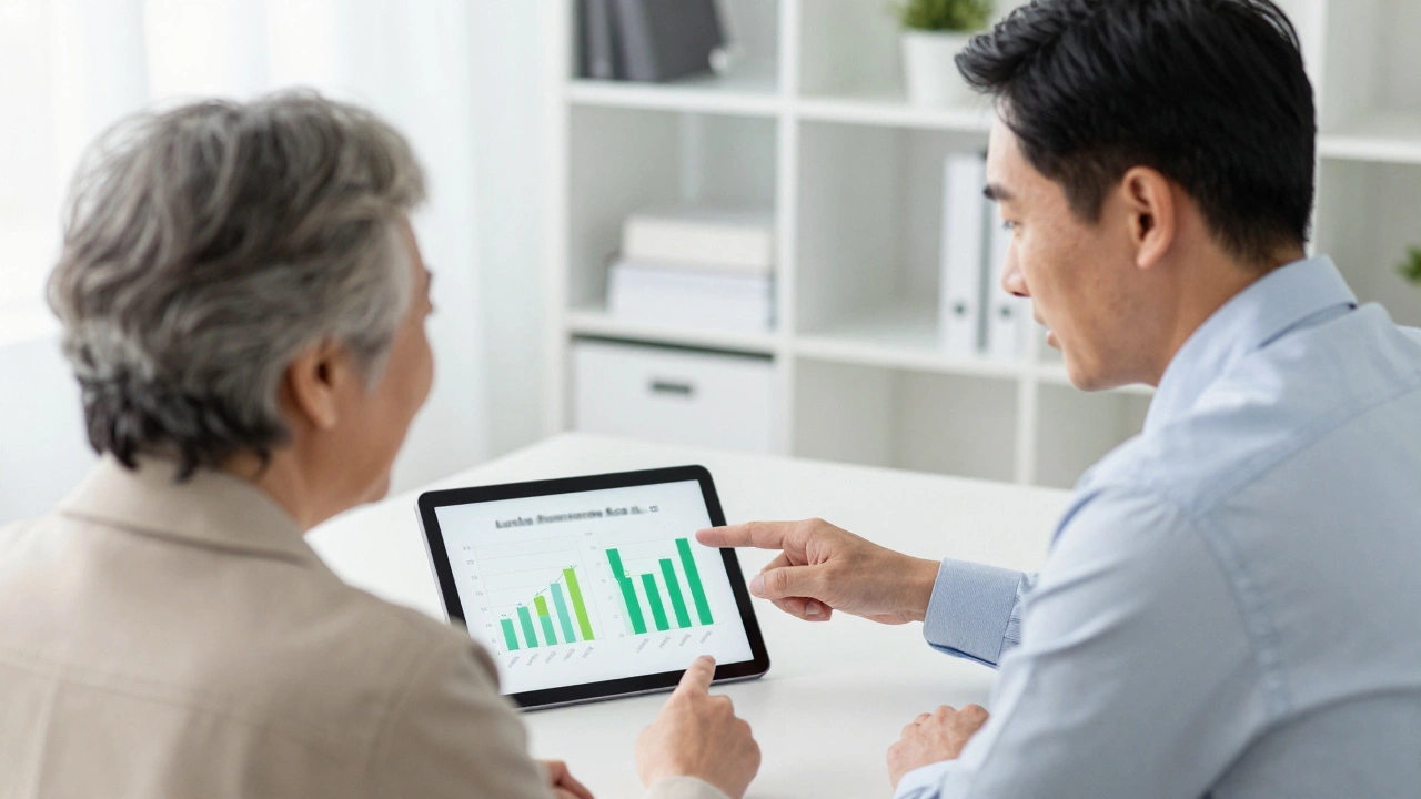 Financial advisor explaining options to an elderly client in a bright, modern office setting.