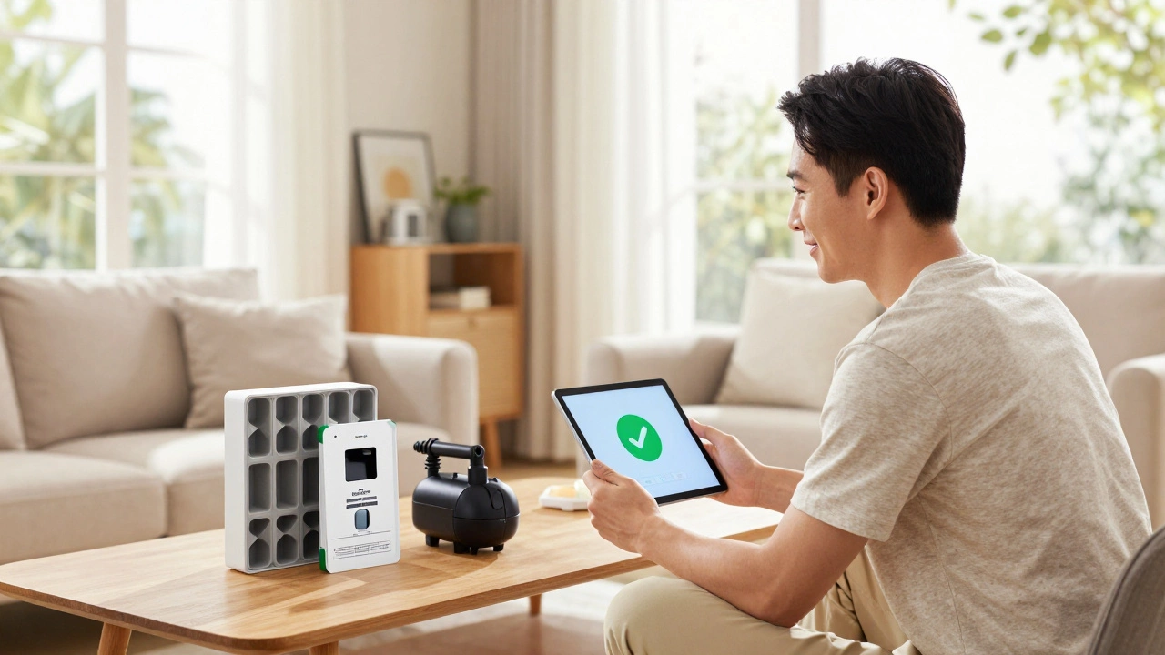 Homeowner installing smart security and flood defenses in bright room