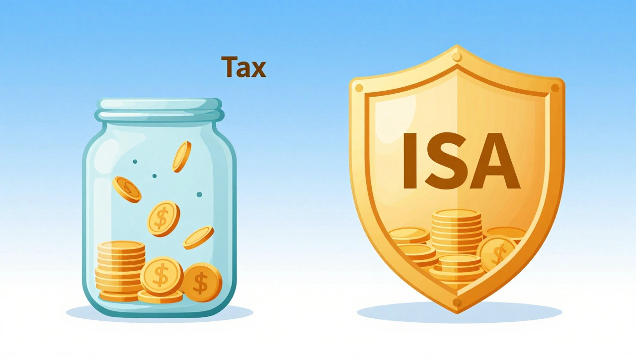 Illustration comparing leaking taxable savings jar to protected ISA shield