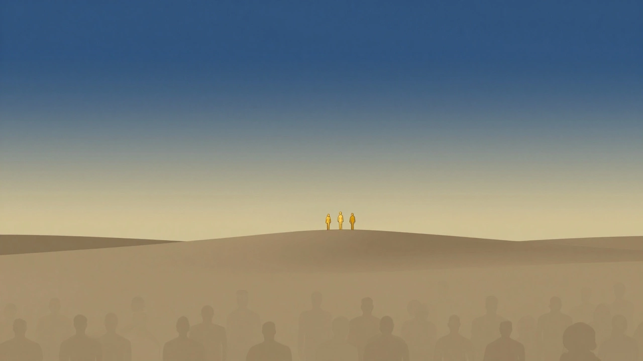 Minimalist illustration showing few golden figures among vast empty space