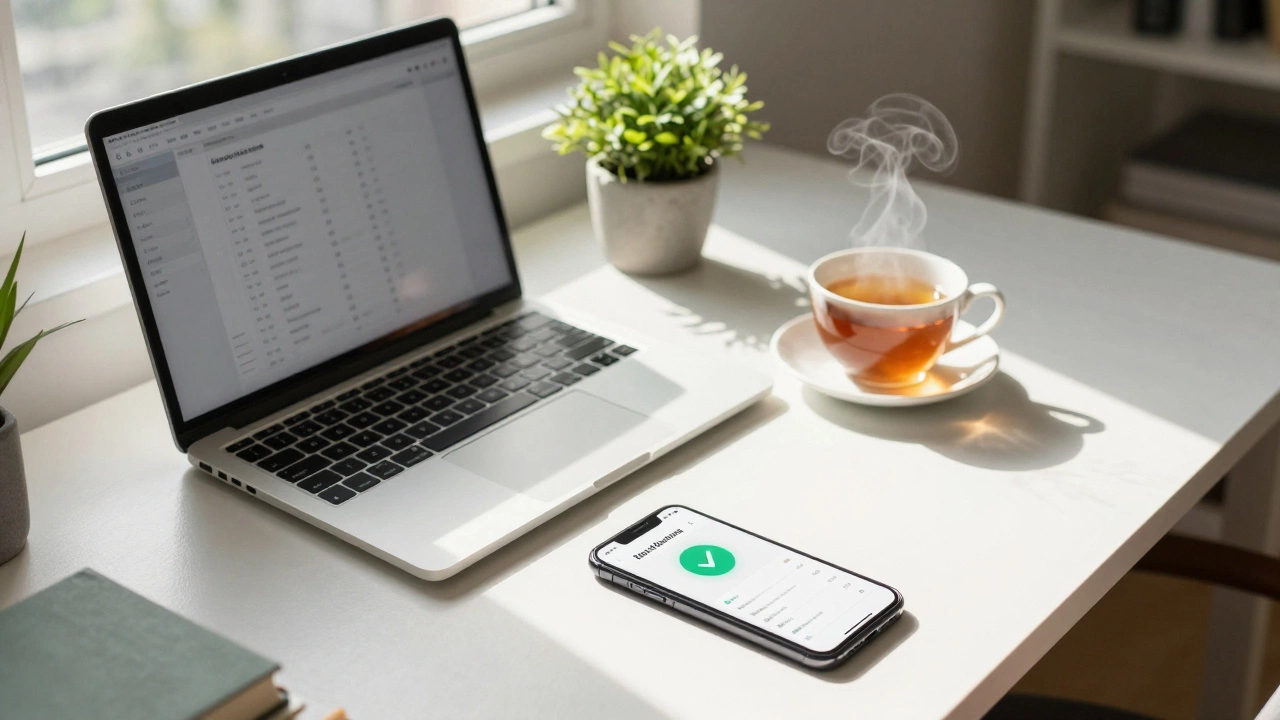 Peaceful home office desk with phone showing automated bank transfer success