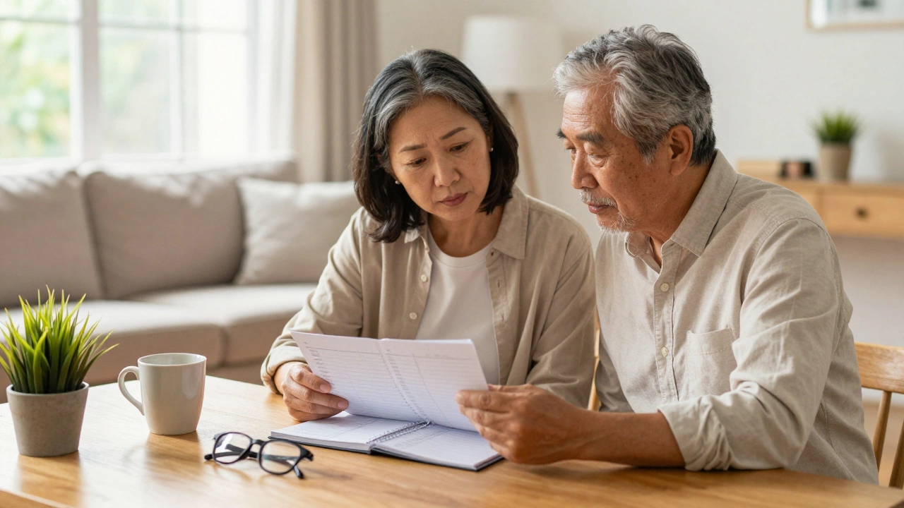 Relaxed senior couple reviewing financial plans in sunny living room