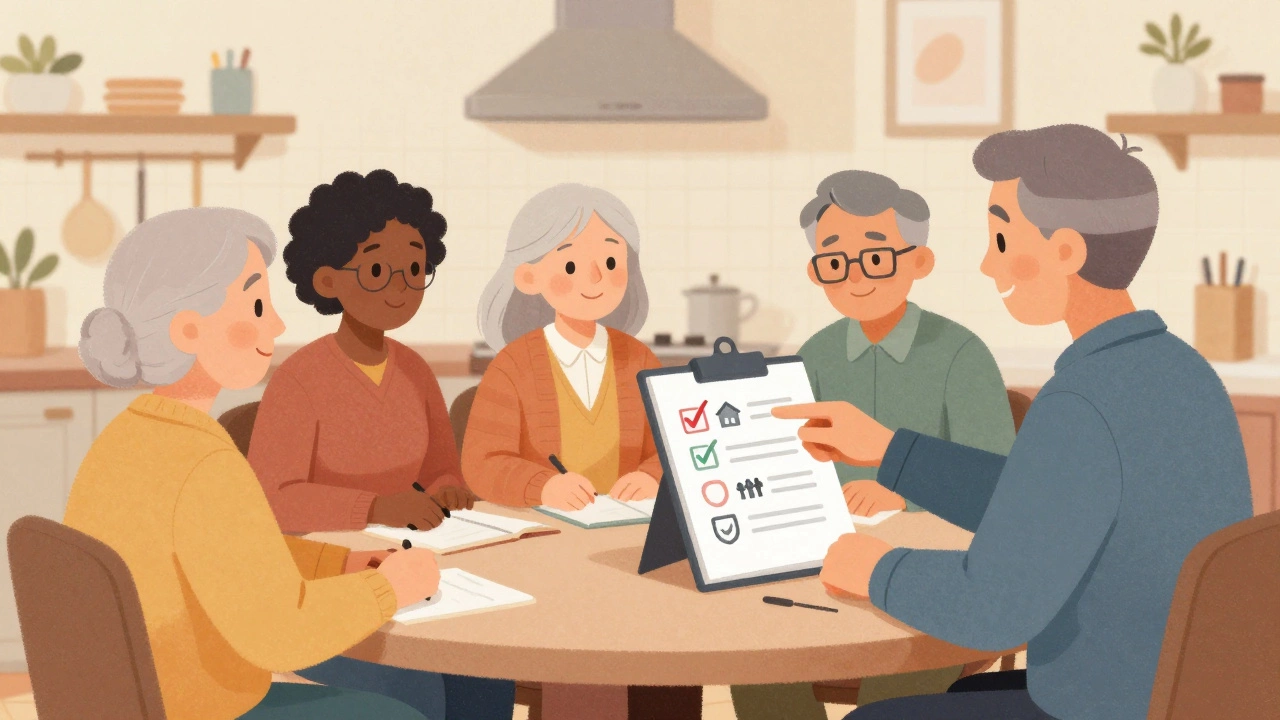 Seniors discussing financial options with an adviser at a kitchen table