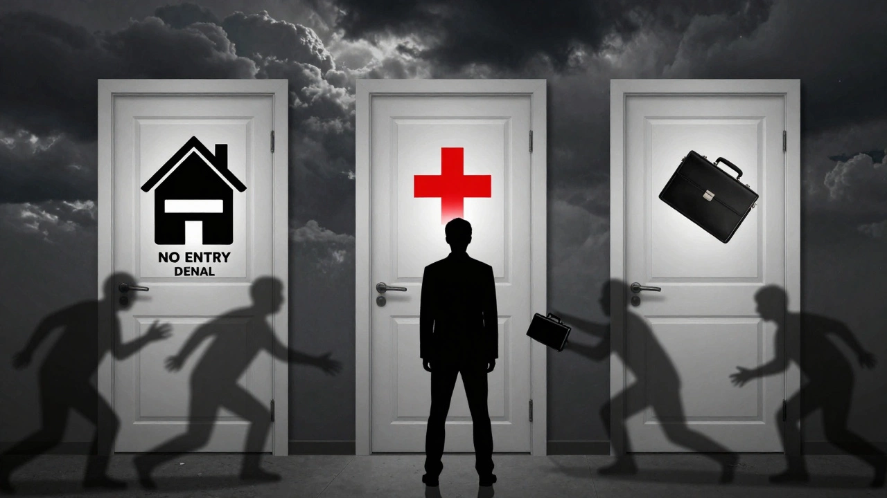 Silhouette facing closed doors representing housing, car, and job denial due to debt