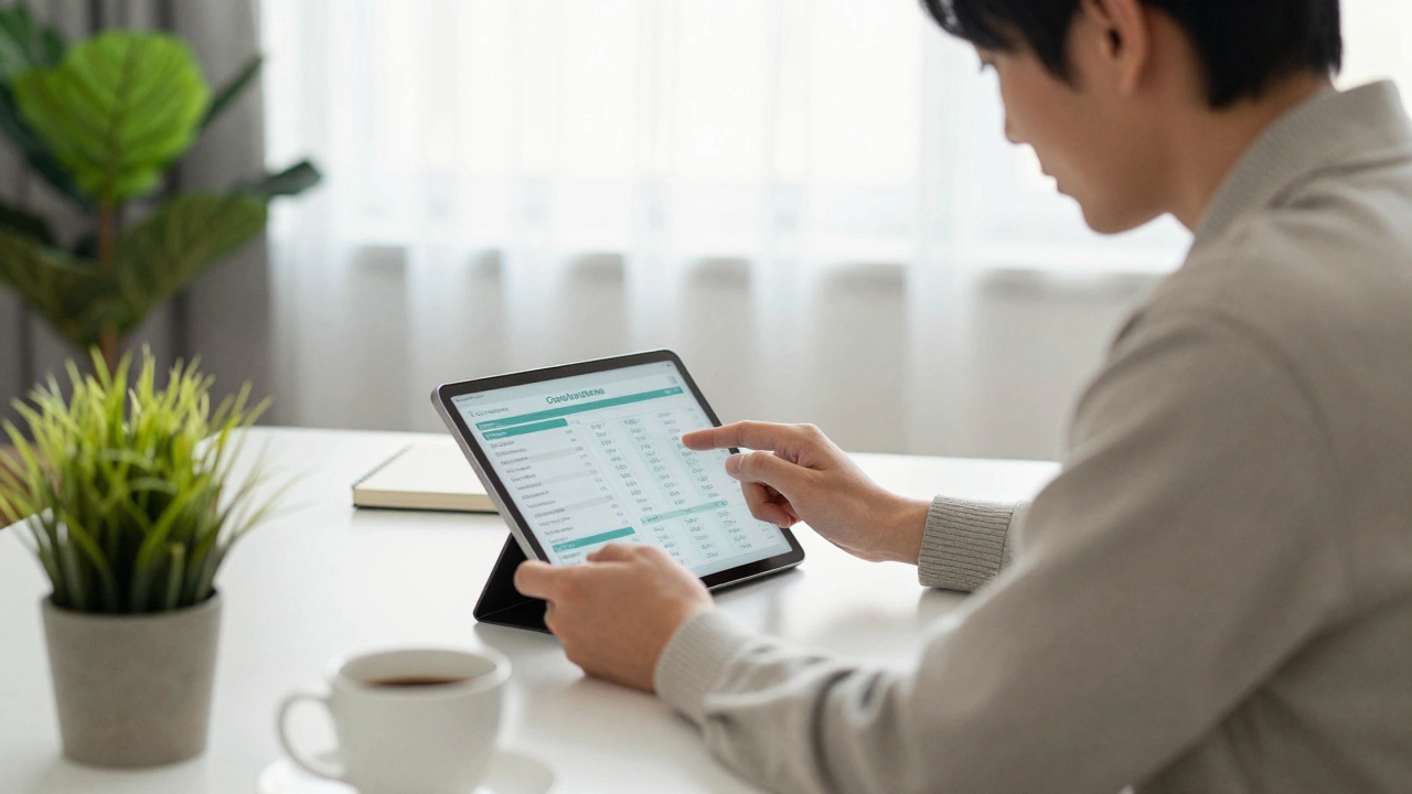Young adult managing finances calmly at a home office desk