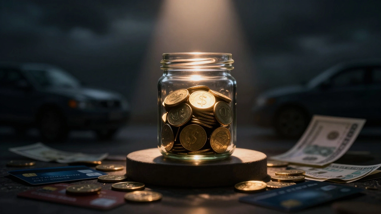 A glowing jar of coins symbolizing an emergency fund against a dark background