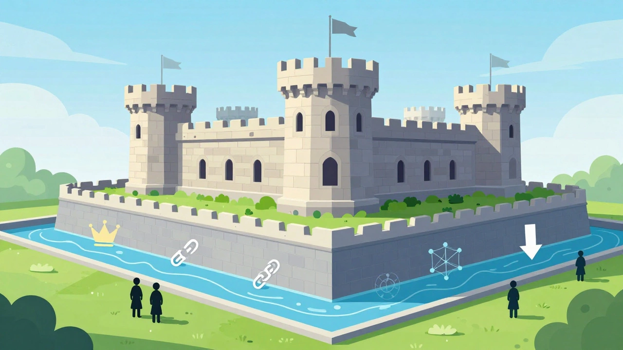Castle protected by a moat symbolizing economic barriers to competition