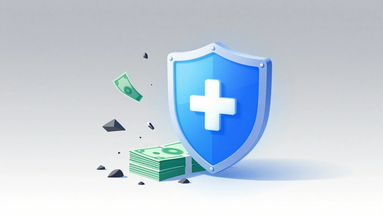 Glowing shield protecting cash from falling debris representing emergencies