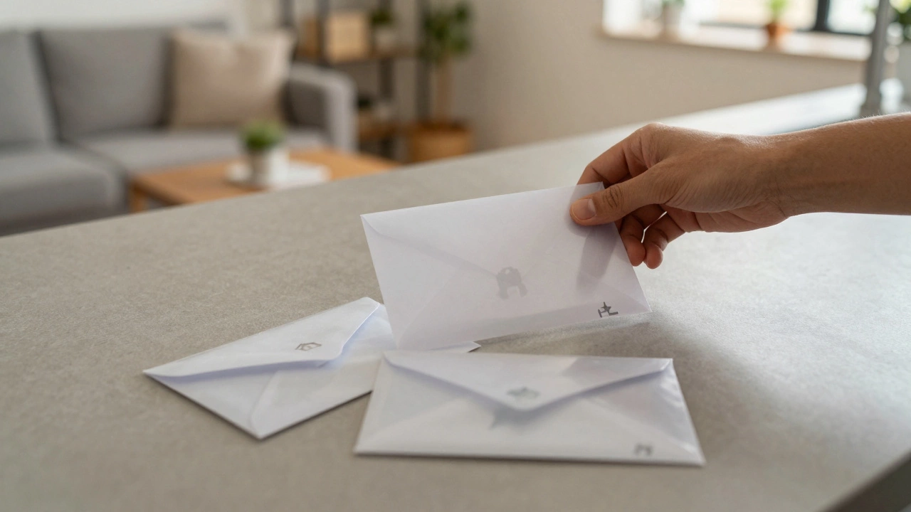 Hands putting cash into three labeled envelopes on counter