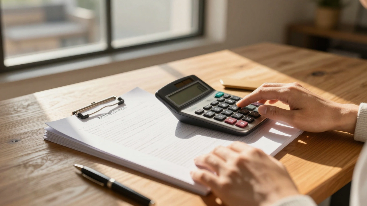 Homeowner calculating mortgage costs on a desk with warm sunlight