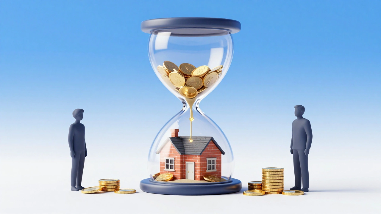 Illustration of age affecting loan amounts with coins flowing into a house.