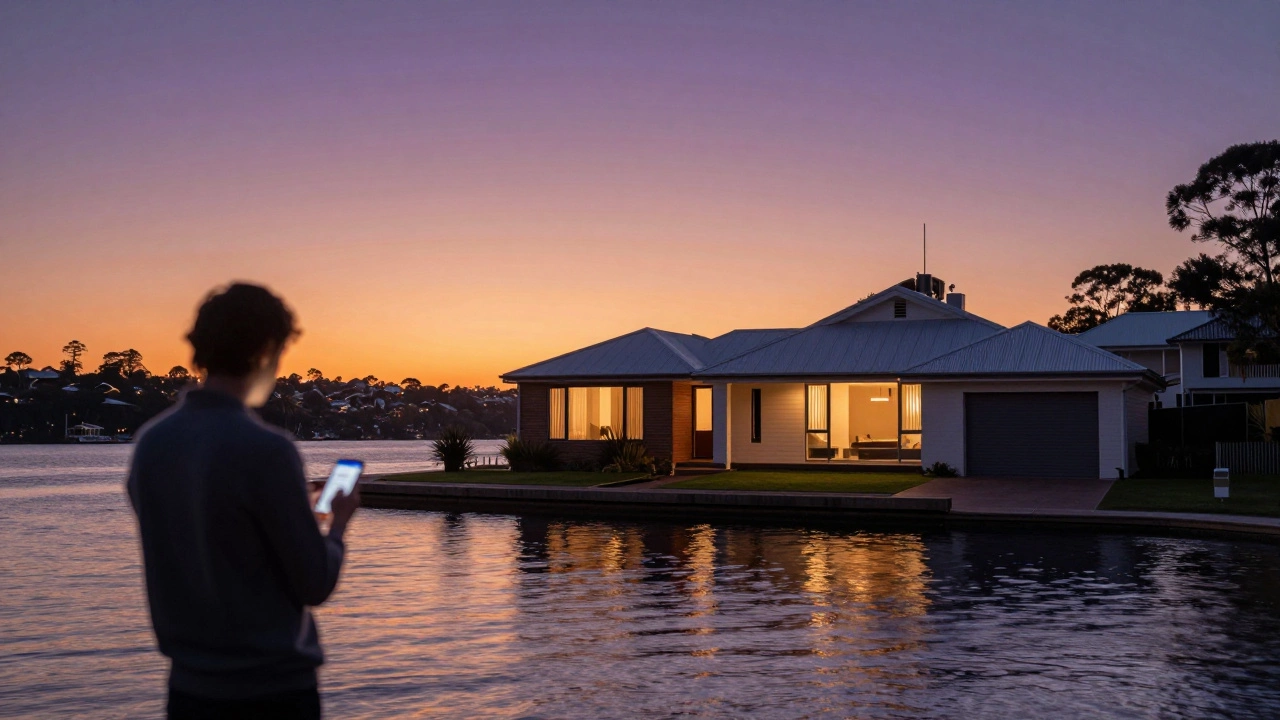 Modern home near Sydney harbor at dusk with person viewing phone