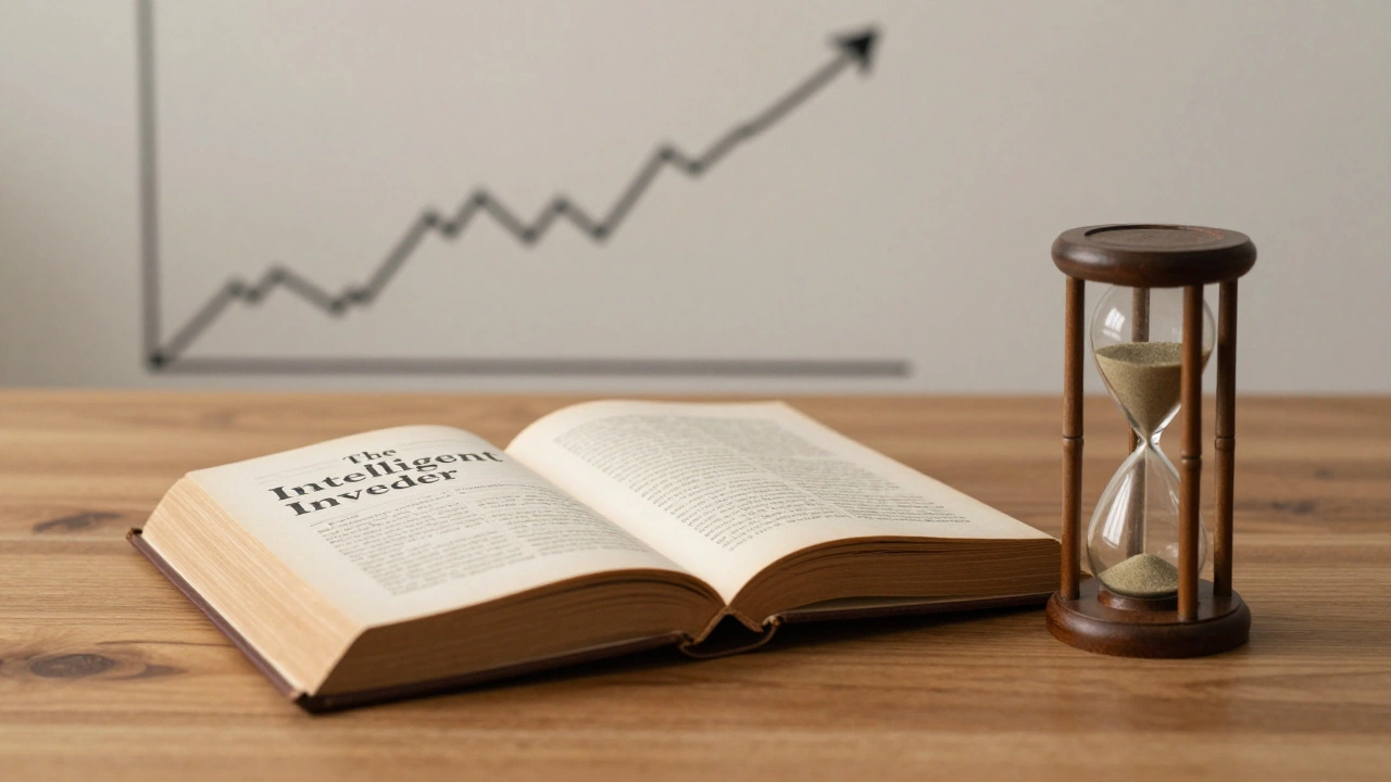 Open investment book and hourglass representing patient value investing