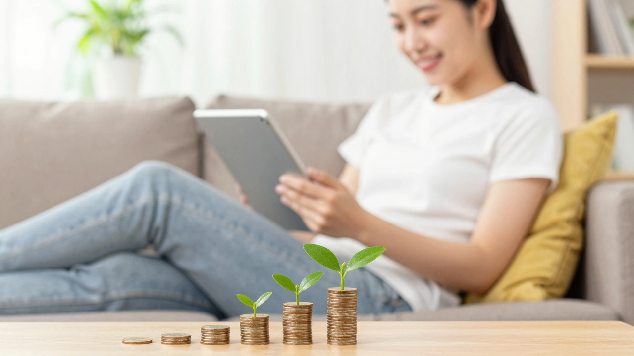 Relaxed person smiling with tablet showing financial savings