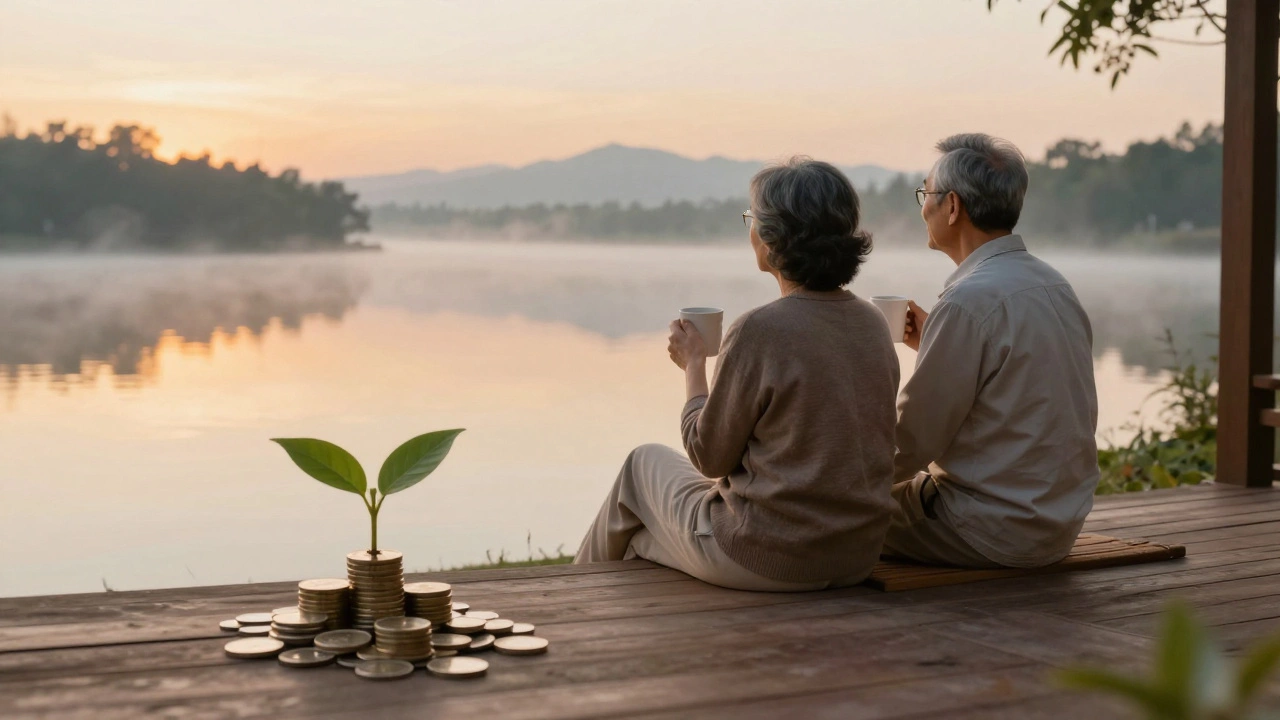 Retired couple enjoying a peaceful lakeside view with a symbol of compound growth