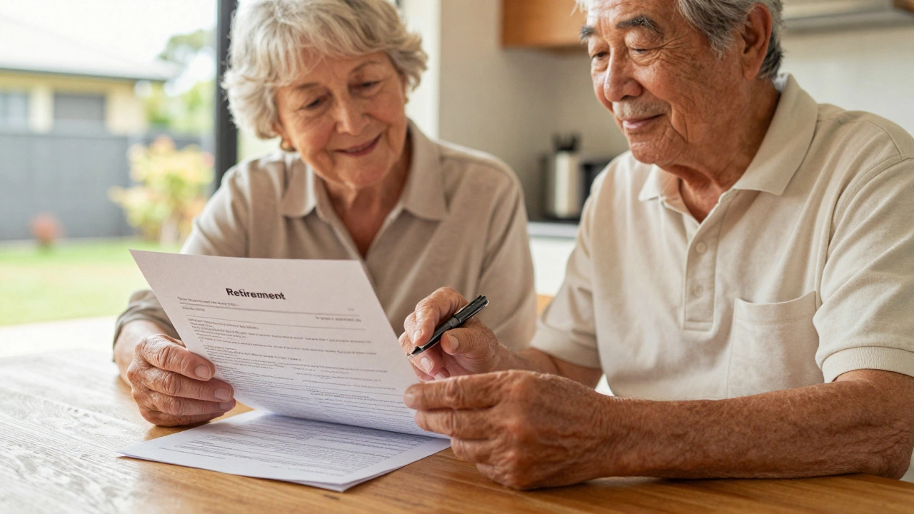 Senior couple reviewing retirement paperwork at a sunlit kitchen table