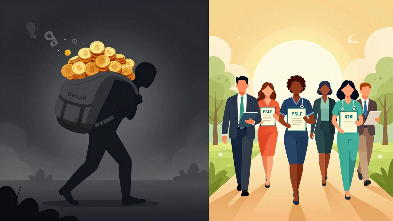Split illustration comparing debt default shadows with forgiveness light