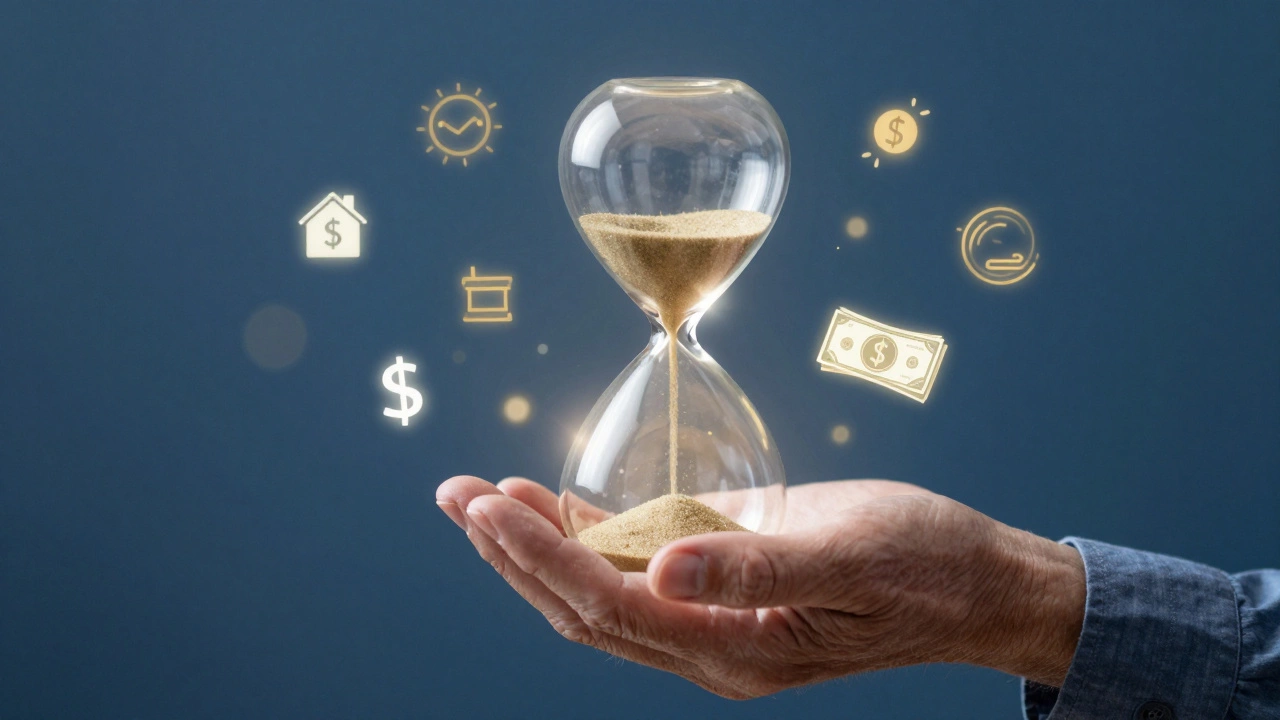 Symbolic hourglass with upward flowing sand representing retirement income