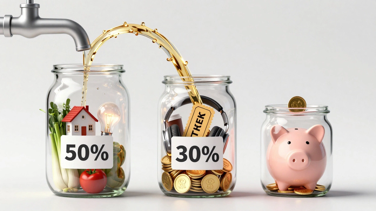 Three glass jars filled with icons for needs, wants, savings