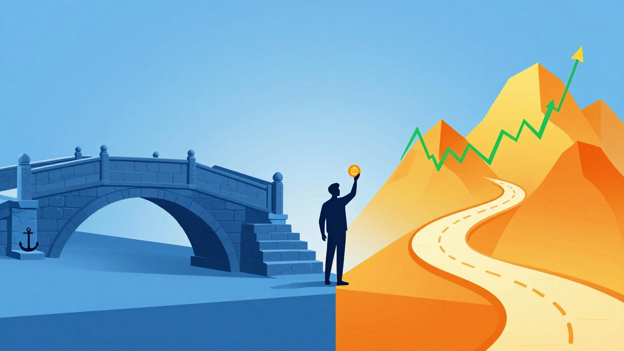 Visual metaphor comparing stable defined benefit vs risky defined contribution pension paths