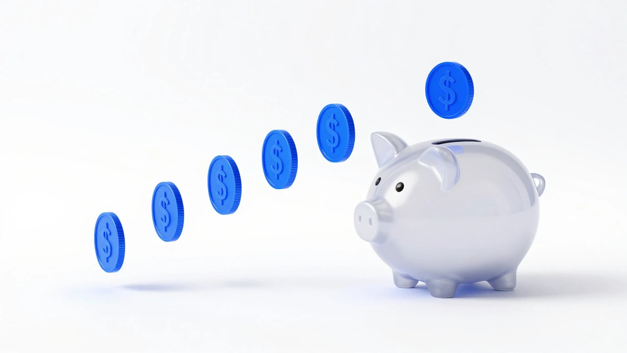 3D illustration of coins entering a digital piggy bank regularly