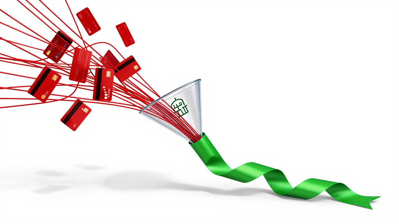 Abstract visual of tangled debts merging into one streamlined payment