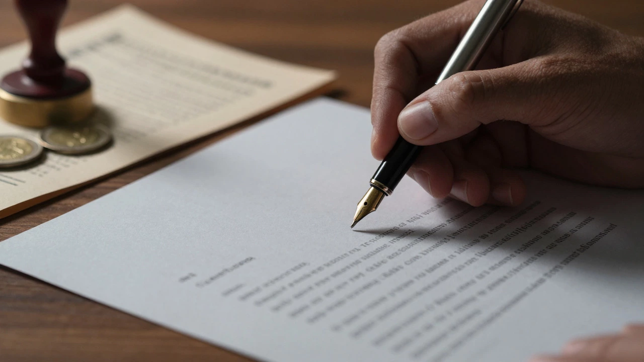 Close up of hand with pen hovering over contract on wooden desk