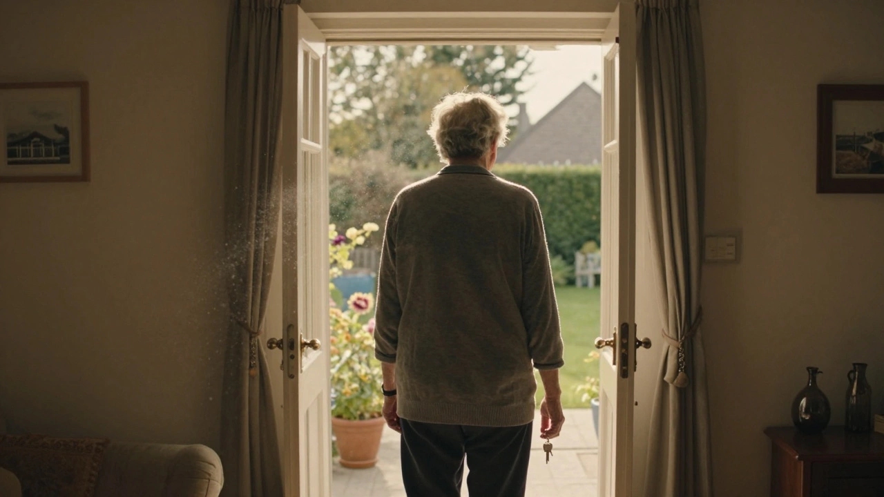 Elderly person holding keys in a sunlit empty living room