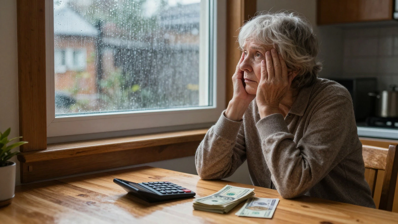 Elderly person reflecting on bills and inflation at a kitchen table