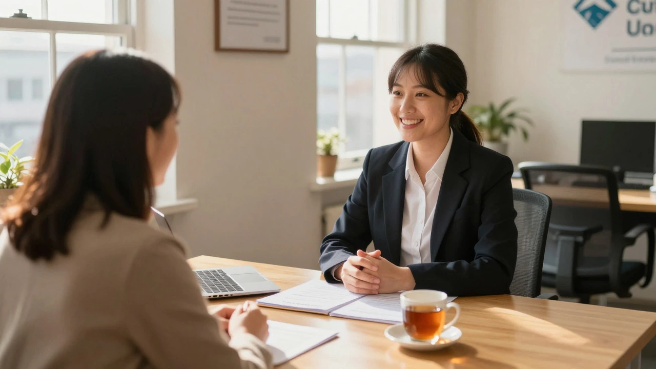 Friendly loan officer talking to client at desk