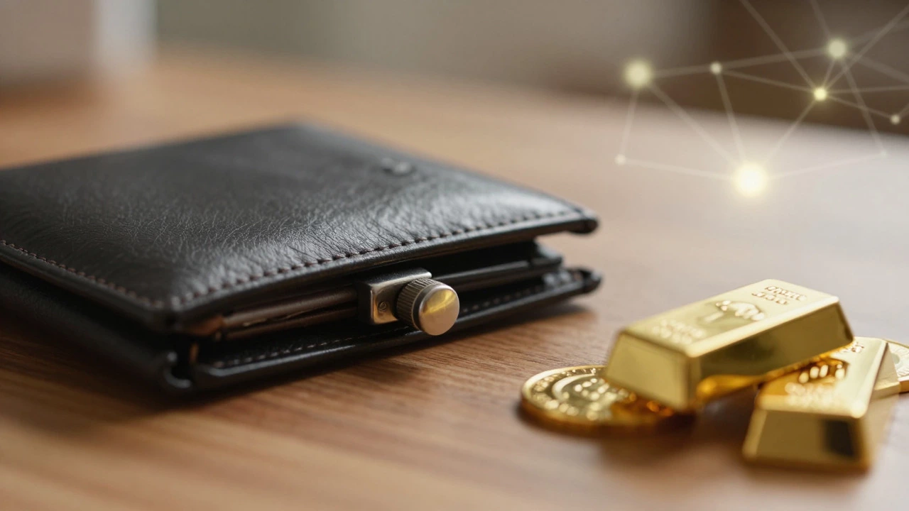 Hardware wallet and gold bars symbolizing secure long-term storage
