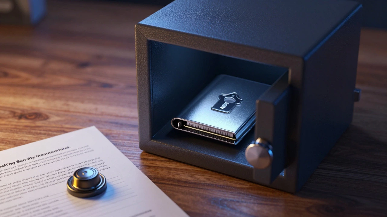 Hardware wallet in a safe with a protected seed phrase note