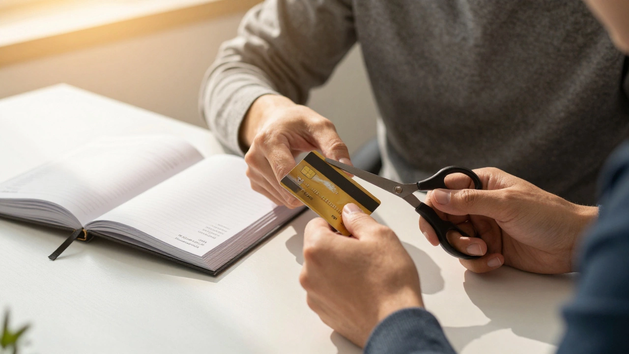Person cutting up credit cards to stop spending and manage debt