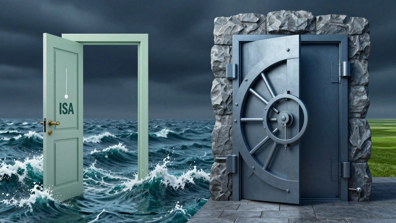 Split image showing risky ISA path vs secure pension vault
