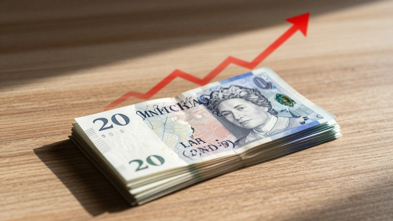 Stack of pound notes shrinking and fading due to inflation