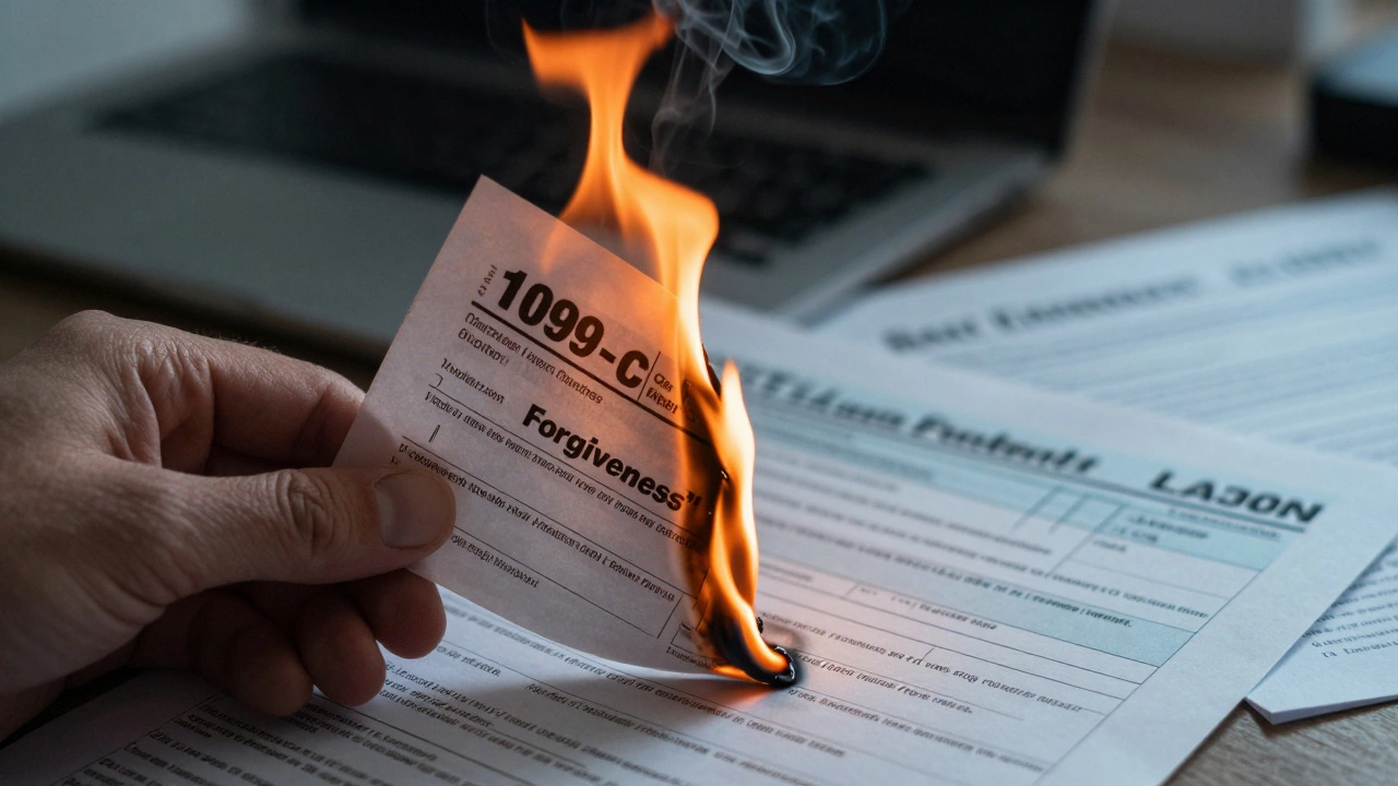 Tax form burning to ash symbolizing the cost of debt forgiveness