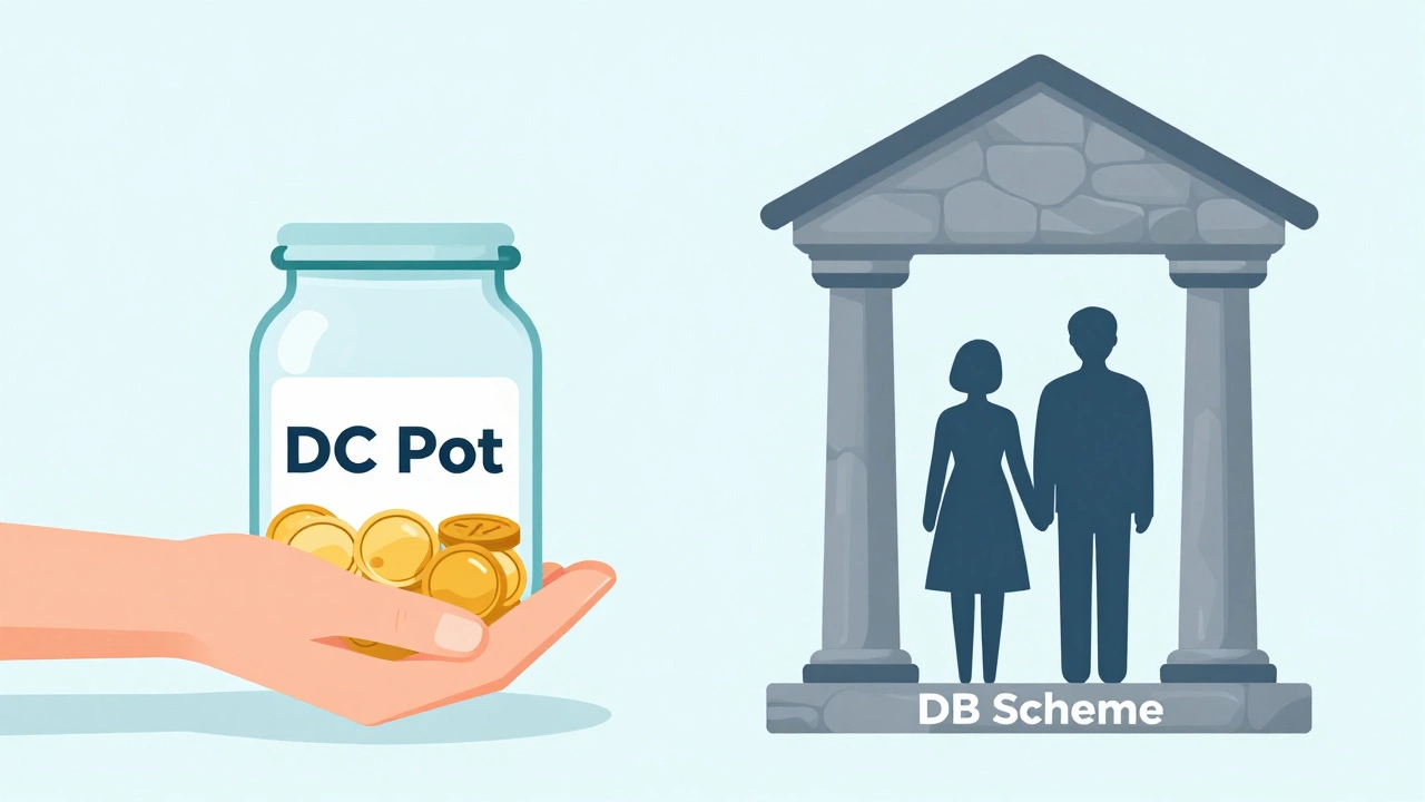 Visual metaphor comparing DC cash pots and DB survivor benefits